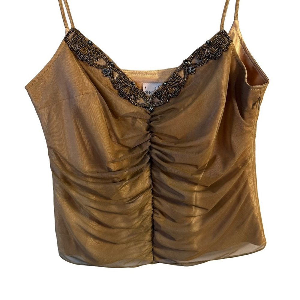 Joseph Ribkoff Gold Ruched Camisole with Beaded Trim Size 12 Y2K Festival Mesh - Picture 10 of 13